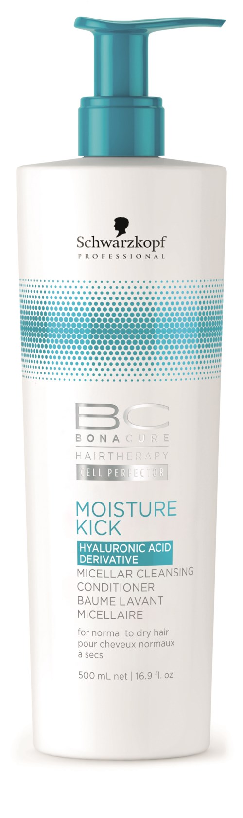En hvit flaske med blå pumpe, merket Schwarzkopf, inneholder Moisture Kick balsam med hyaluronsyre.