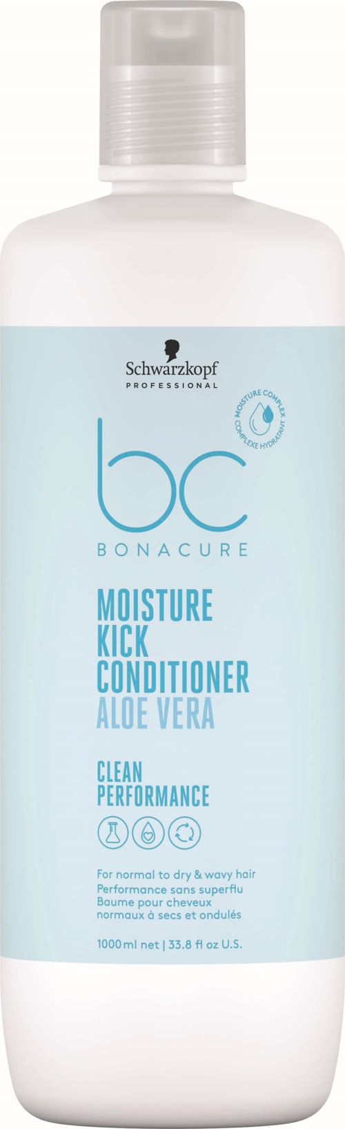 En hvit flaske med blå etikett med Schwarzkopf-logo og tekst for fuktighetsgivende og aloe vera balsam.