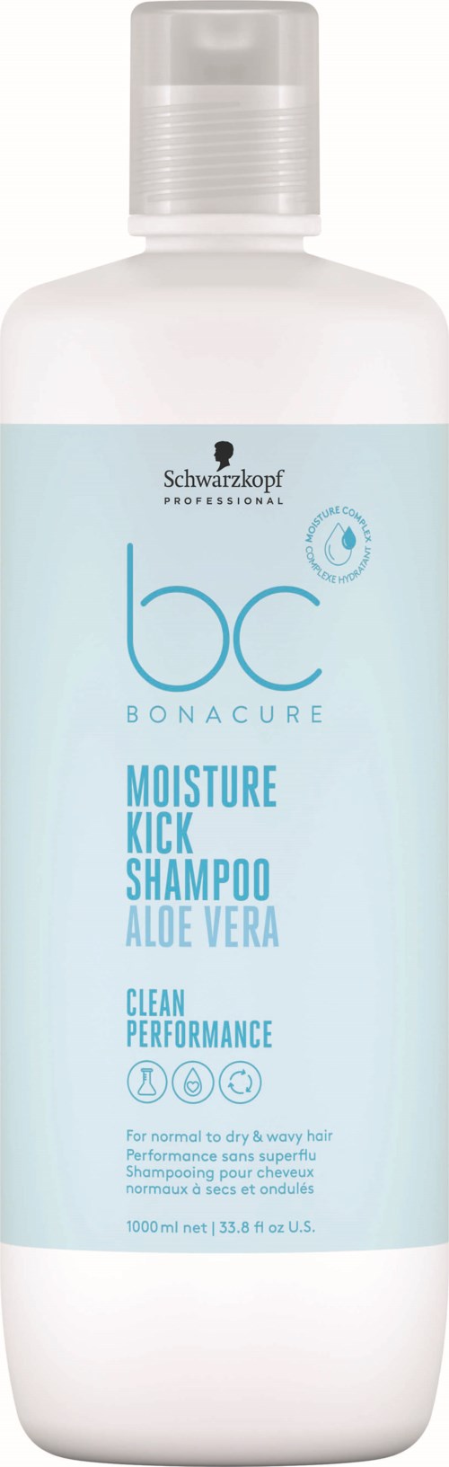 En hvit sjampo-flaske med blå etikett med tekst Moisture Kick Shampoo Aloe Vera, fra Schwarzkopf, for sunt hår og ytelse.