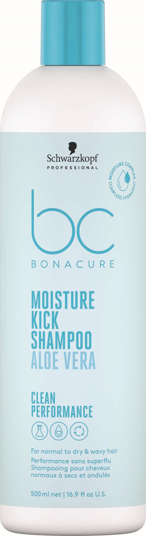 En hvit flaske med blå lokk som inneholder Schwarzkopf BC Bonacure Moisture Kick Shampoo med Aloe Vera.