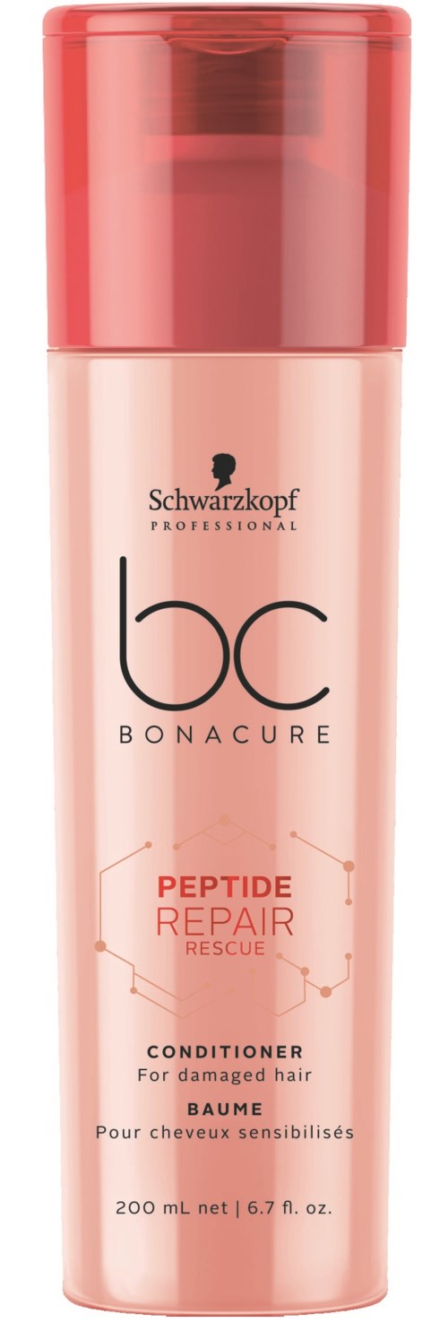 En rosa flaska med Schwarzkopf BC Bonacure Peptide Repair Rescue balsam för skadat hår.