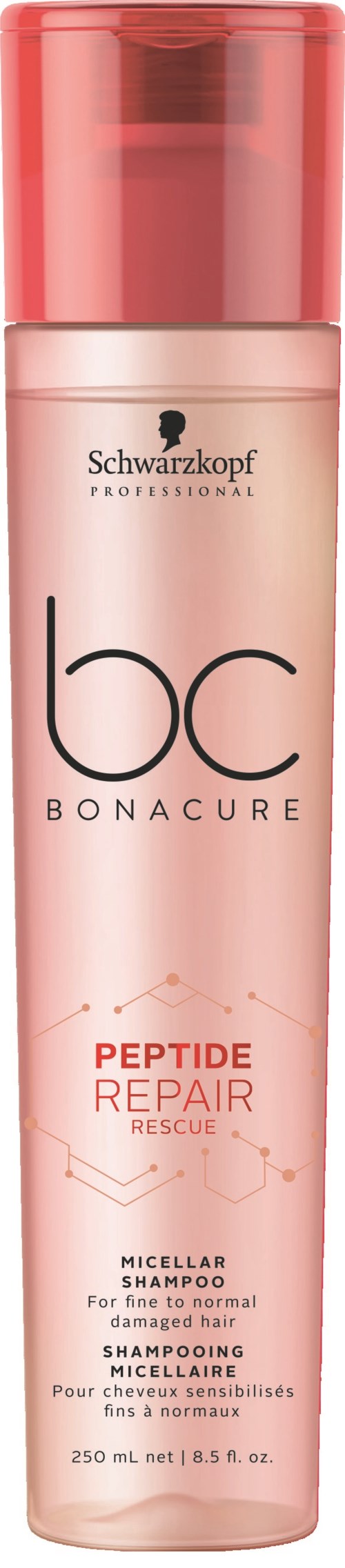 En rosa flaska med Schwarzkopf BC Bonacure Peptide Repair Rescue Micellar Shampoo för normalt till känsligt hår.