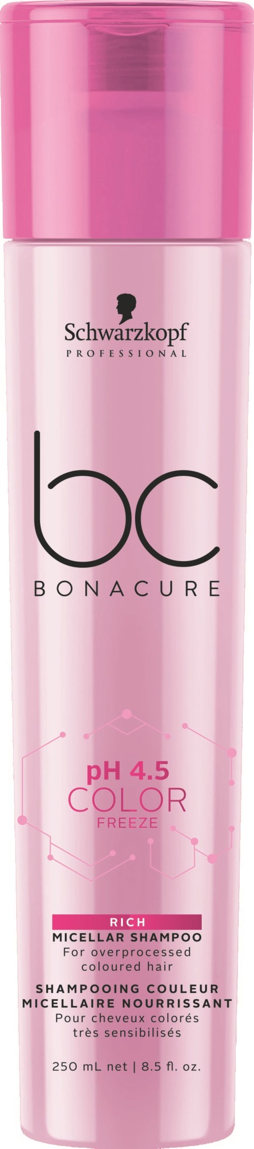 En rosa flaska med Schwarzkopf BC Bonacure Color Freeze-schampo för färgat eller slingat hår.