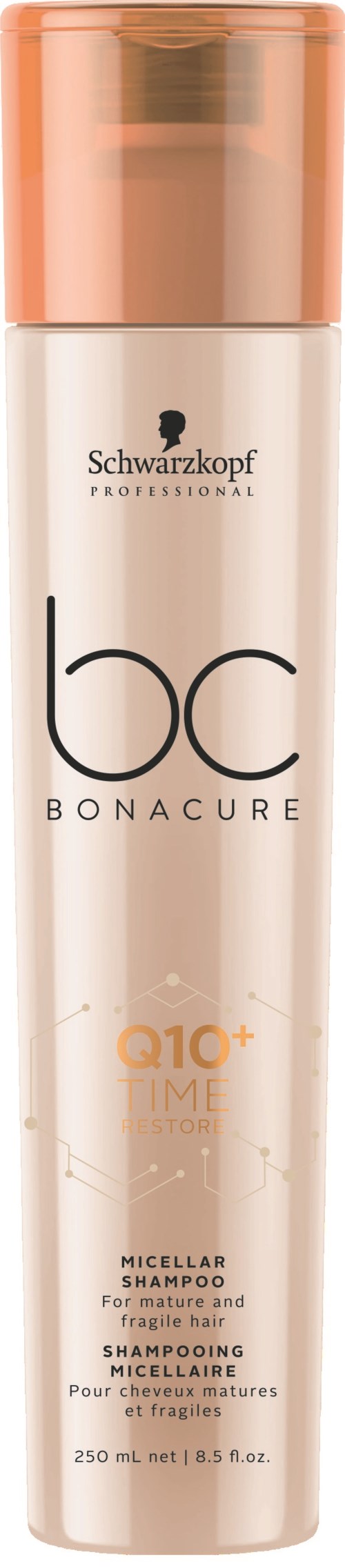 Ein langer, zylindrischer Flasche mit roségoldener Kappe und weißem Körper, beschriftet Schwarzkopf BC Bonacure Q10+ Time Restore Micellar Shampoo.