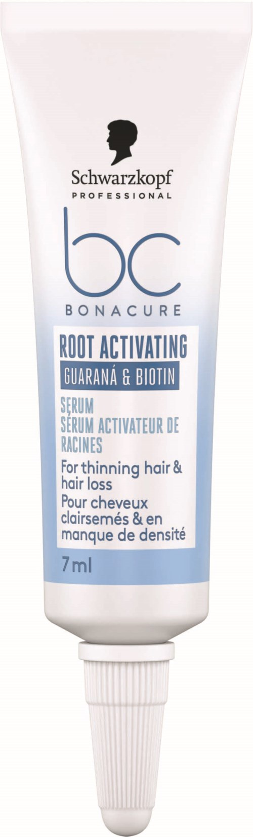 En hvit tube med en svart hodesilhuett, merket Schwarzkopf, som reklamerer rotaktiverende serum med guarana og biotin.