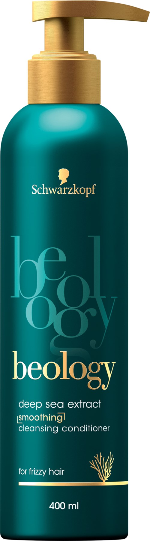 En blågrön flaska med gul pump, märkt Beology deep sea extract smoothing cleansing conditioner för frissigt hår.