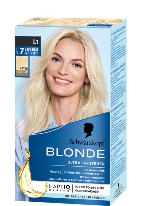 Blonde hårfarveæske med smilende kvinde, blue design, og produktbeskrivelse på flere sprog.