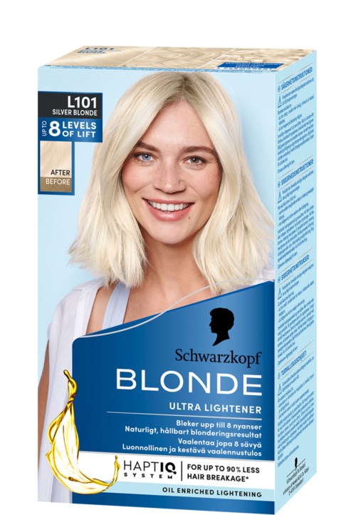 Blonderingsfärgkostym med en leende kvinna som visar sitt blonda hår och produktdetaljer.