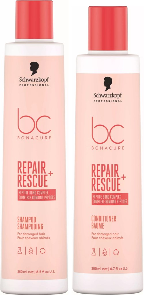 Zwei Flaschen Haarpflegeprodukte von Schwarzkopf Professional, gekennzeichnet Repair Rescue für geschädigtes Haar.