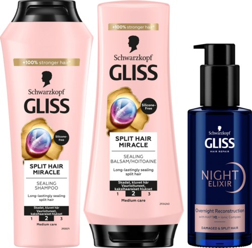 Drie haarverzorgingsproducten: twee flessen shampoo en een blauwe sprayfles, allemaal voor beschadigd of gespleten haar.