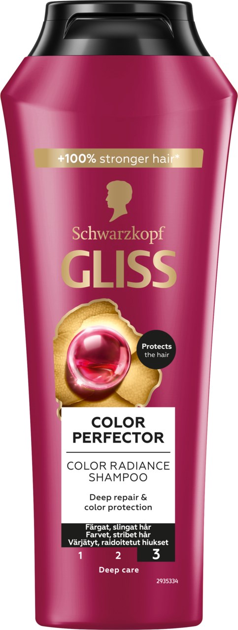 A pink bottle of Gliss shampoo with a black cap, featuring gold and white text, and a gold and red logo.