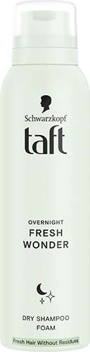 Eine weiße Flasche mit schwarzem Text, gekennzeichnet als Schwarzkopf Taft, duty fresh wonder Trockenshampoo-Schaum.
