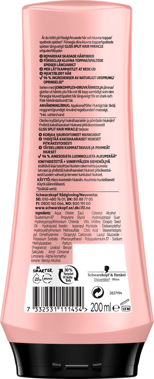 En lyserød flaske med sort låg, viser produktdetaljer og instruktioner på bagsiden på flere sprog.