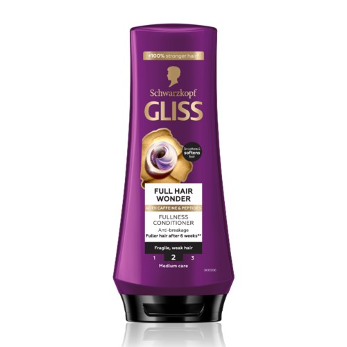Een paarse fles Schwarzkopf Gliss Full Hair Wonder conditioner voor zwak haar met cafeïne.