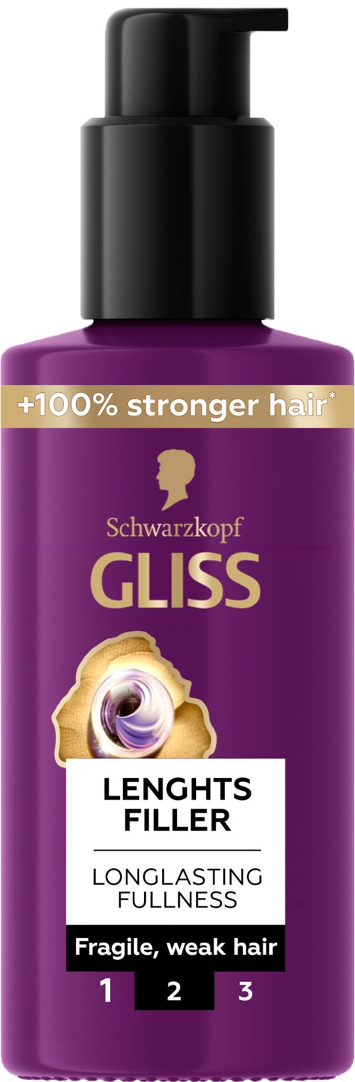 Violetti pullo mustalla pumppulla, merkitty "Gliss" ja "Lengths Filler" heikolle hiukselle, luvaten vahvistaa hiuksia.