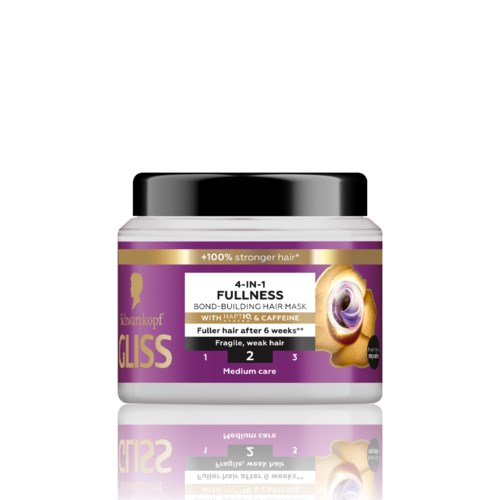 Een pot met label 'FULLNESS' haarmasker, paars en wit met gouden accenten, belooft voller haar na 6 weken.