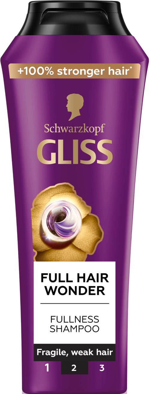 En lila flaska av Schwarzkopf Gliss Full Hair Wonder schampo för skört, svagt hår, med svart lock och etikett.