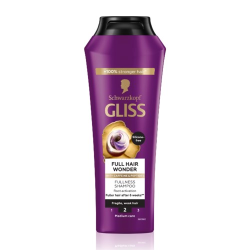 Lila flaska med Gliss schampo för fylligt hår, med guldmärke och virveldesign, påstår att det stärker håret.