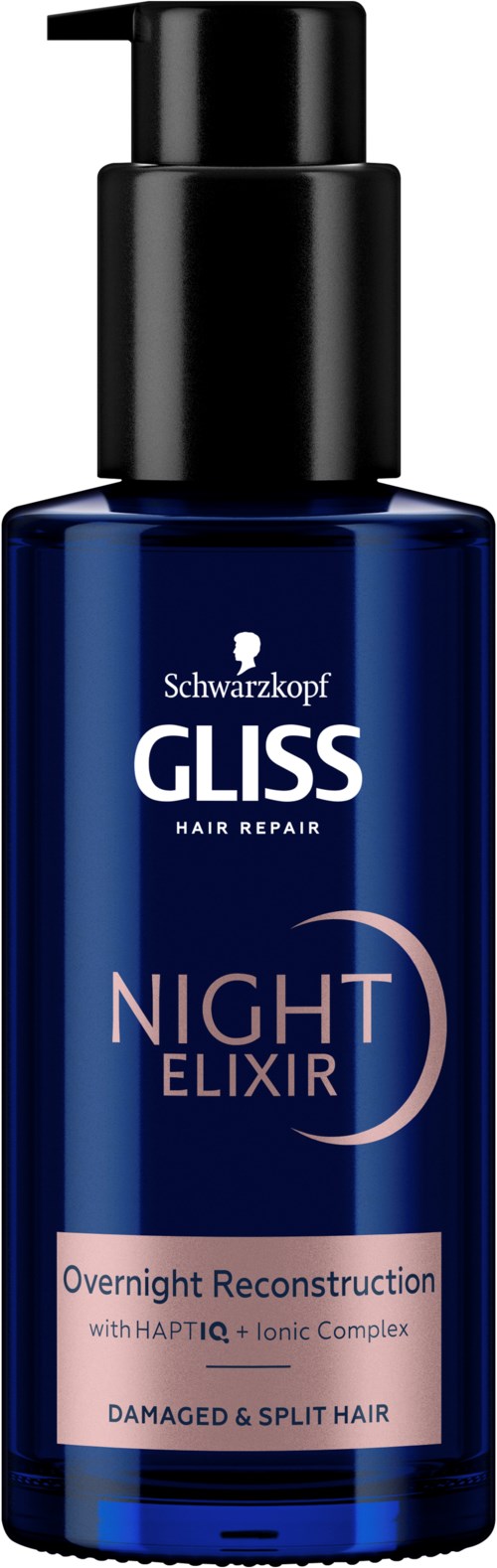 En mørk blå flaske med pumpe, merket 'Night Elixir' for hårreparasjon, skadet eller delt hår, om natten.