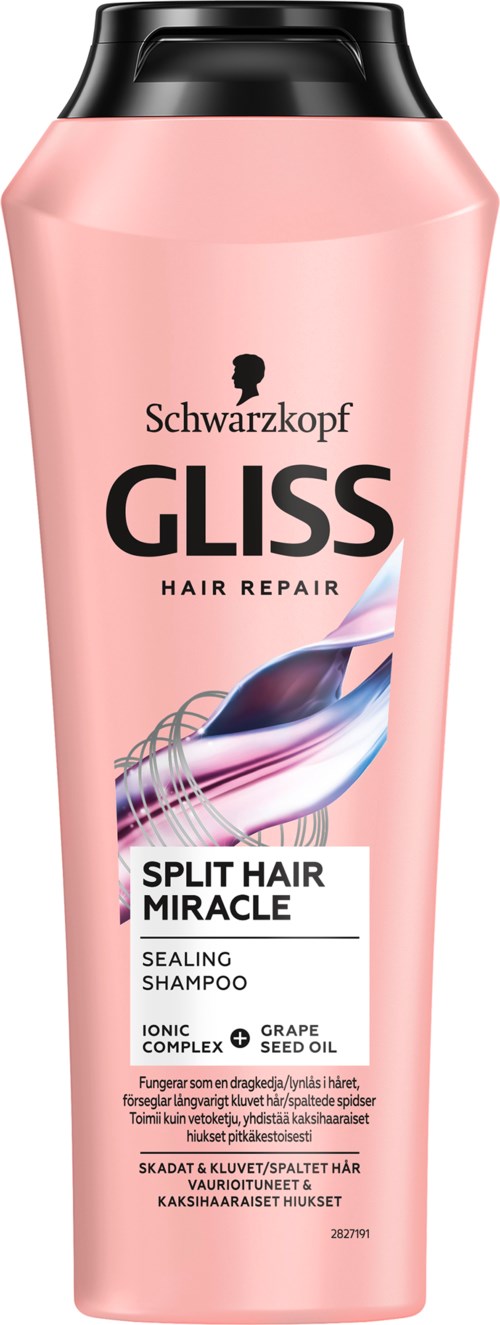 Pink flaske med Gliss hårreparationsshampoo med lilla og blå bølge design og sort låg.