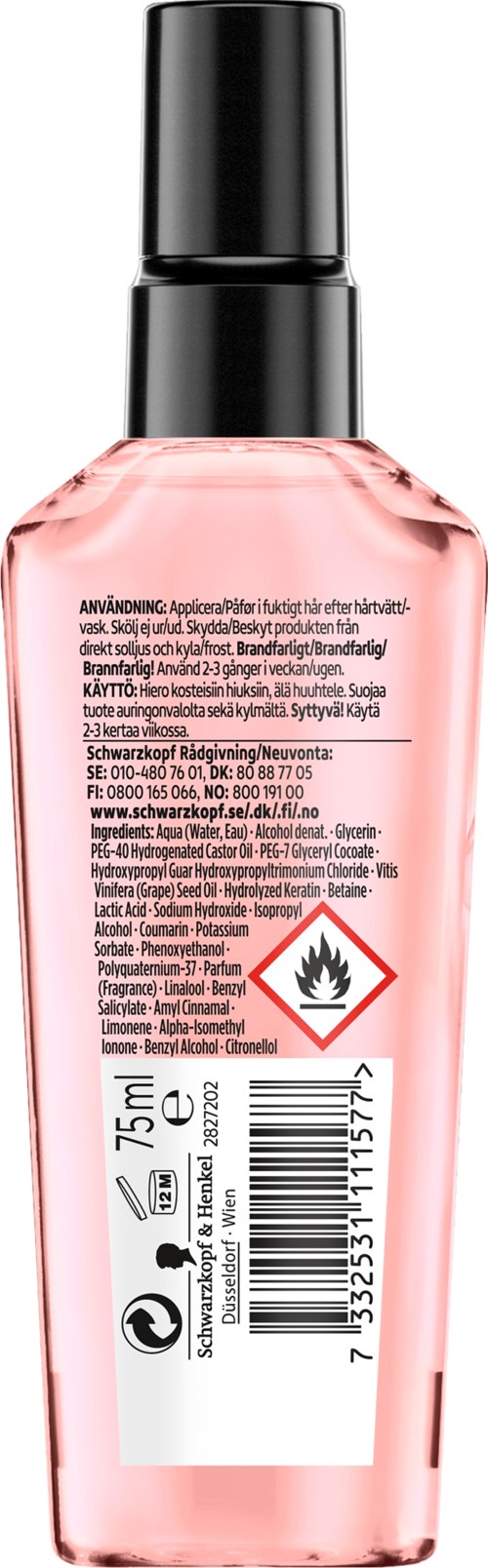 En liten flaska med rosa vätska, svart lock och en varningsetikett med en eld-symbol.