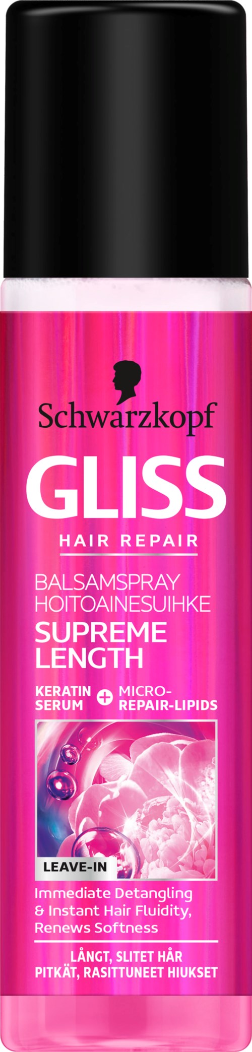 Różna butelka lakieru do włosów z czarną nakrętką, oznaczona 'Schwarzkopf GLISS Hair Repair Supreme Length'.
