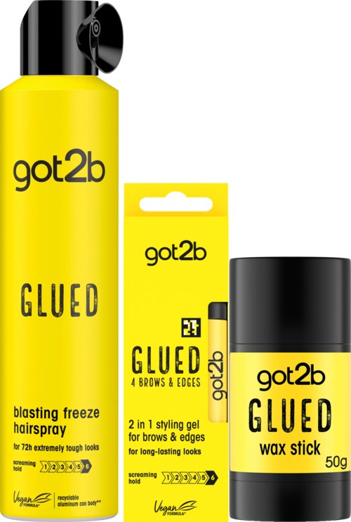 Drie gele got2b haarstylingproducten: haarspray, edge styler en wax stick, in zwarte doppen.