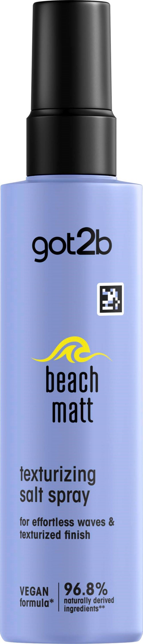 A light blue bottle with black spray cap, labeled got2b beach matte texturizing salt spray for waves and textured hair.