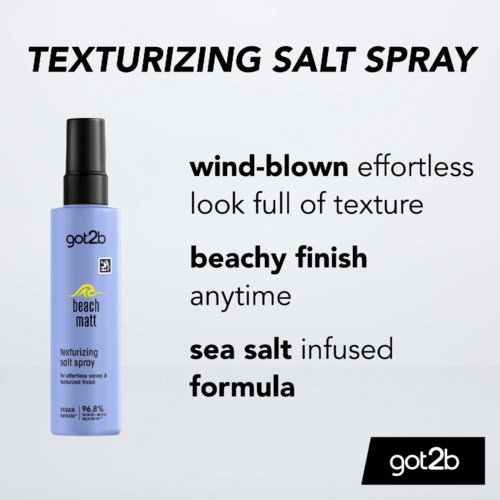Text on a product label for a texturizing salt spray, highlighting wind-blown, beachy, and sea salt infused themes.