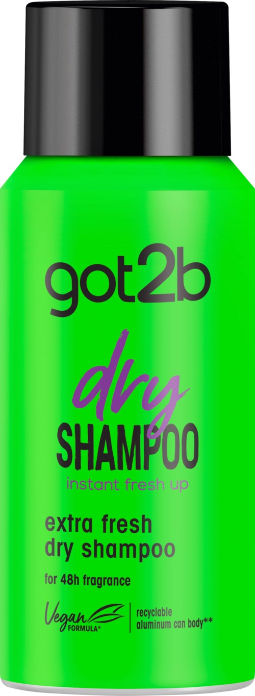 Ljusgrön schampoflaska märkt 'got2b dry SHAMPOO' för 48 timmars fräschhet, veganskt formulär, snabbtorkande, med svart lock.