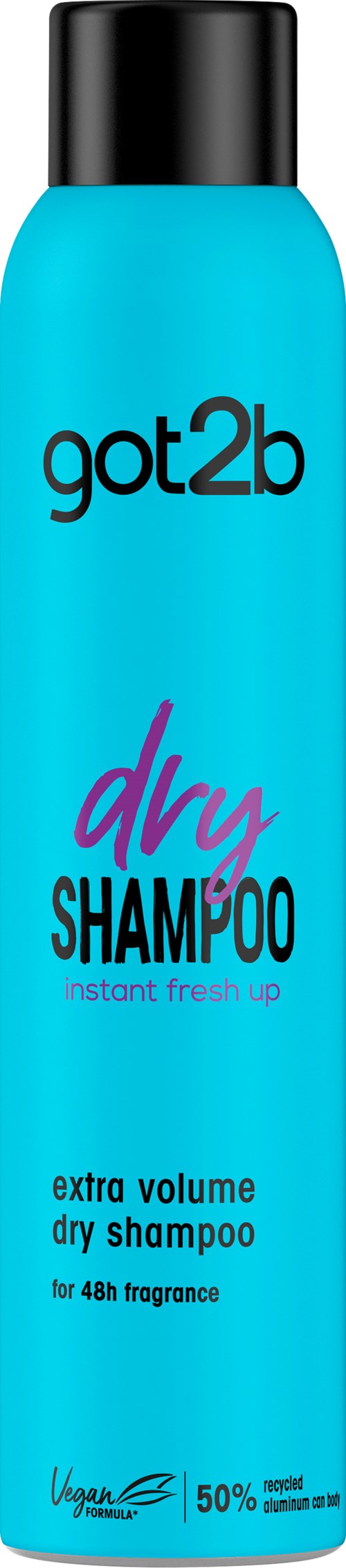 Een blauwe fles got2b droogshampoo met een zwarte dop, gelabeld voor extra volume en snelle frisheid.