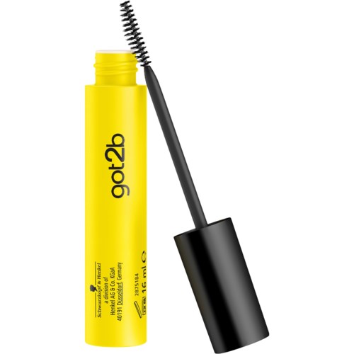 Ein hellgelber Mascara-Tube mit schwarzem Bürstengummi und Pinsel. Der Deckel ist offen, zeigt den Bürsten.