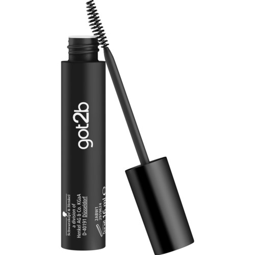 Een zwarte mascara-tube met een kwast en gebogen spool. De tube heeft witte tekst.