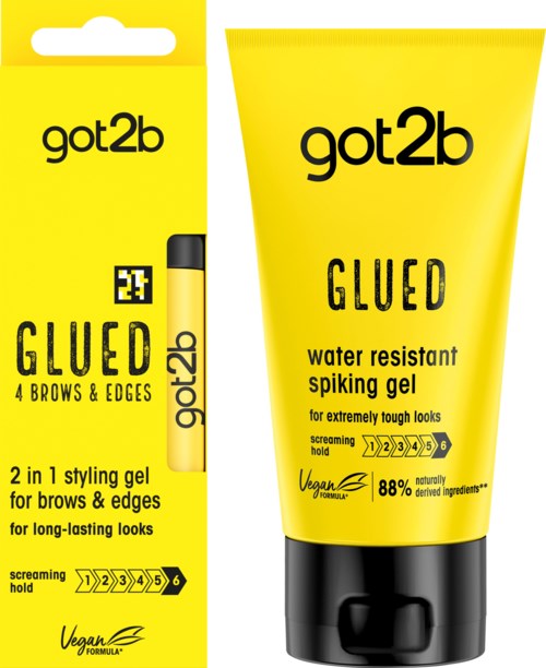 Geel tube en doos van got2b Glued stylinggel voor wenkbrauwen en randen, waterbestendig, sterke hold, veganistisch.