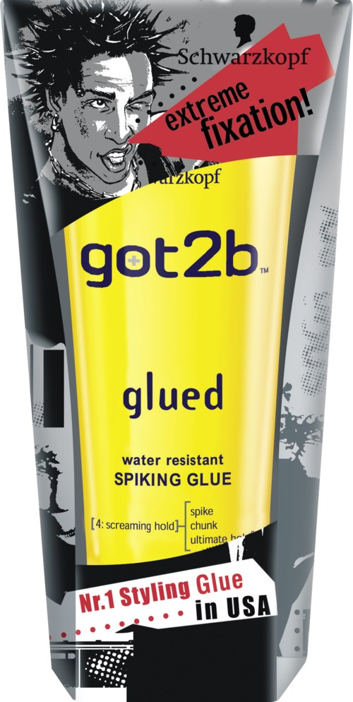 En tub med got2b glued spiking glue med svart, gul och röd design, med en punkstil illustration och fet text.