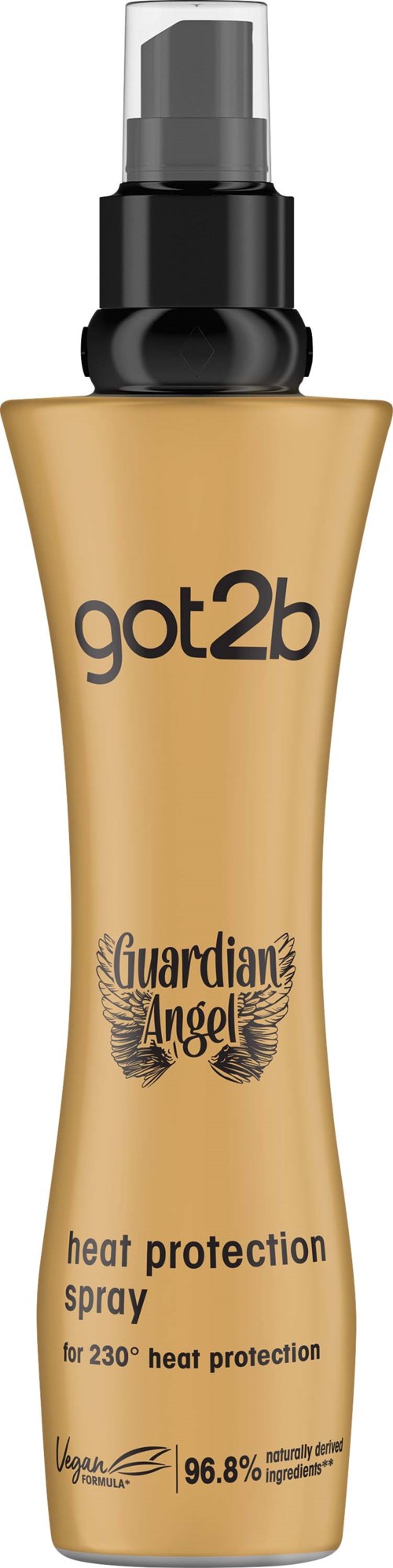 Złota butelka sprayu ochronnego na ciepło z czarną pokrywką i rozpylaczem. Na etykiecie napis 'got2b' i 'Guardian Angel'.