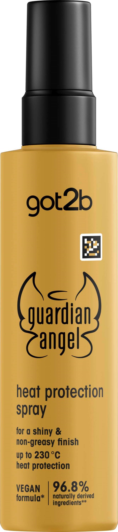 Bottle of got2b guardian angels heat protection spray with black cap and yellow label.