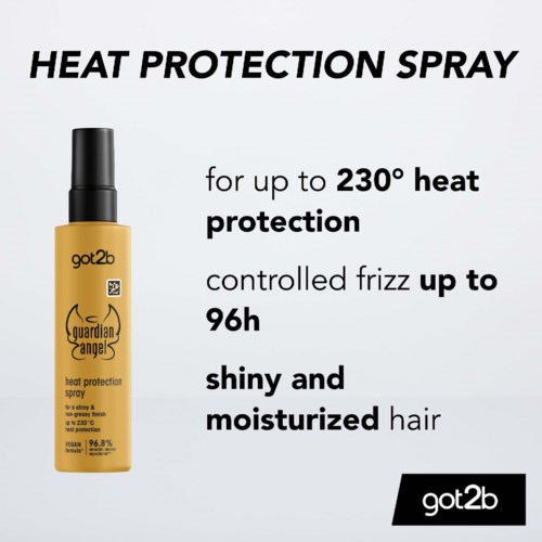 Product label for heat protection spray with up to 230° protection and 96 hours of frizz control.