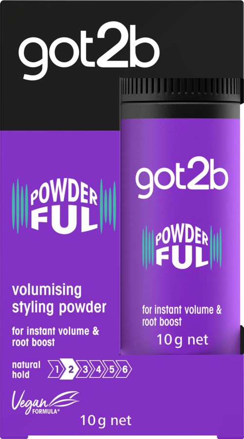 Purple container and box for Got2b PowderFUL volumising styling powder with text and logo.
