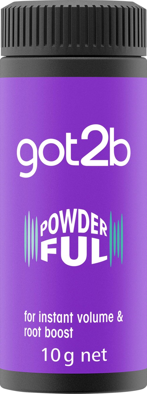 A purple container labeled 'got2b Powder Full' for instant volume and root boost, with a black cap.