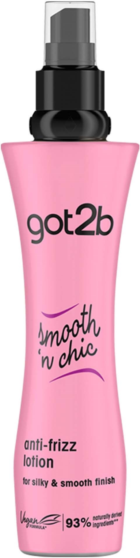 Pink bottle with black cap, labeled 'got2b' and 'smooth 'n chic', for hair anti-frizz. 93% natural ingredients.