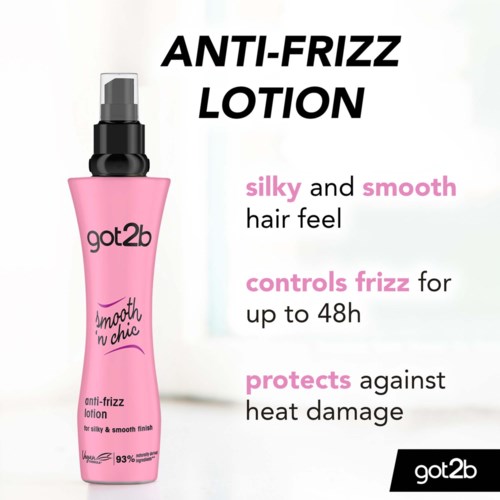A pink bottle of anti-frizz lotion with black spray top, promoting shiny, smooth hair and heat protection.
