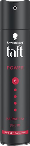 A black can with red dots, labeled "Taft Power," designed for hair spray with 72-hour hold.