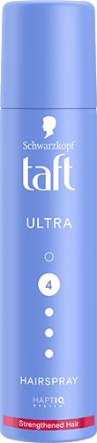 En blå bokspray med Taft Ultra Hairspray, hvitt logo og tekst, som viser at den styrker håret.