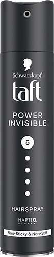 A black can of Taft Power Invisible hairspray with white text and logo.
