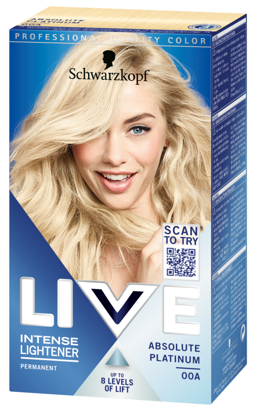 A box of Schwarzkopf hair dye featuring a smiling woman with blonde hair, blue background, and product details.