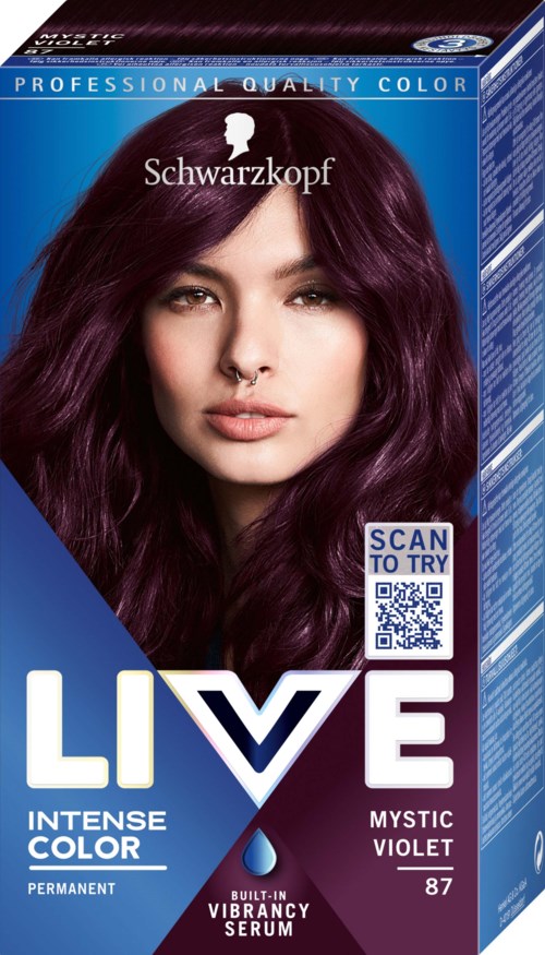 Packaging of hair dye labeled 'LIVE' in violet color, with a woman's photo and a QR code for try feature.