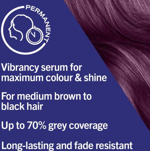 A label promoting hair dye, mentioning vibrant color, grey coverage, and long-lasting effects.