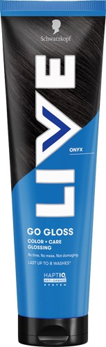 Een tube LUXE GO GLOSS tandpasta, zwart en blauw met witte tekst en logo, die tanden witter maakt.
