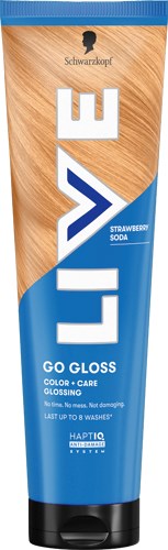 Sininen ja ruskea putki Schwarzkopf Ice Go Gloss mansikkasooda-hiustenhoitotuotteella musta korkki.